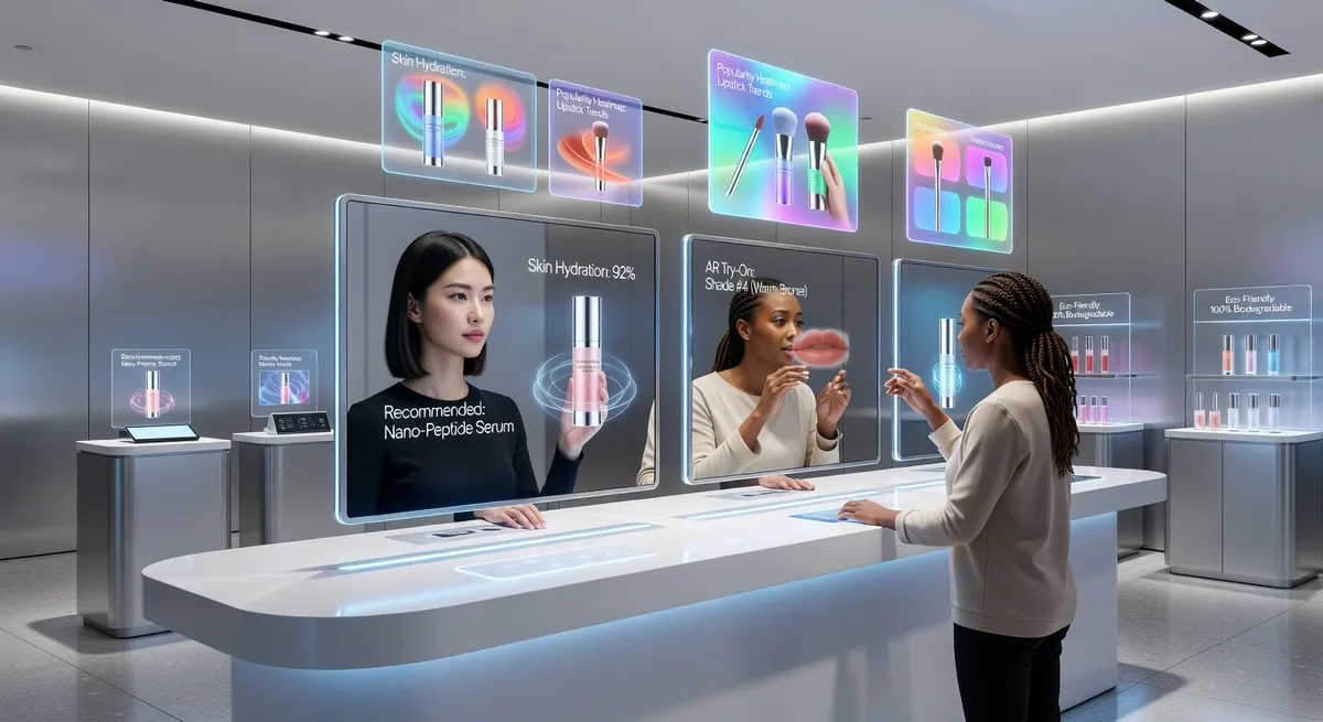 Futuristic visualization of advanced virtual makeup try-on using VR headset with holographic product displays and AI personal beauty assistant