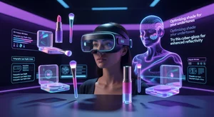 Futuristic visualization of advanced virtual makeup try-on using VR headset with holographic product displays and AI personal beauty assistant