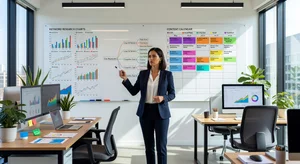 Content strategist planning SEO strategy on whiteboard with keyword research charts and content calendar