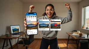 A social media manager celebrating as they look at a phone showing multiple platform posts all derived from the same source image using AI extension technology, showing Instagram, LinkedIn, and YouTube thumbnails all sharing the same original photo