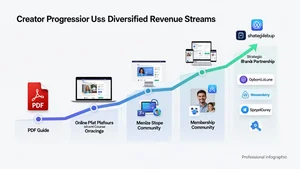 A creator's journey from simple digital product to diversified revenue streams, showing progressive growth from PDF guides to courses, memberships, and strategic brand partnerships
