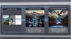 Multiple AI output examples showing prompt variations for image and text generation, quality improvements from refined prompts