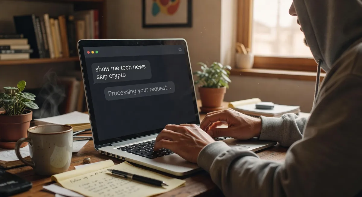 Person typing natural language feed instructions to an AI chatbot interface