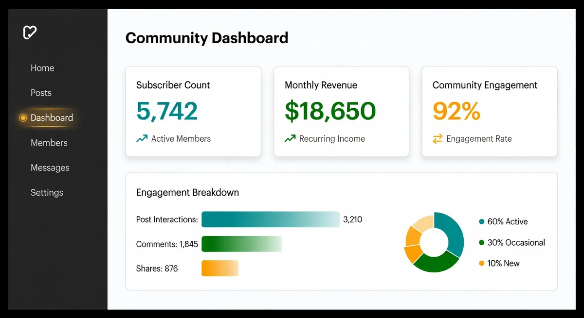 A diversified creator revenue pie chart showing balanced income from digital products, memberships, brand partnerships, services, and ad revenue as supplementary income