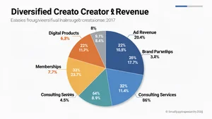 A diversified creator revenue pie chart showing balanced income from digital products, memberships, brand partnerships, services, and ad revenue as supplementary income