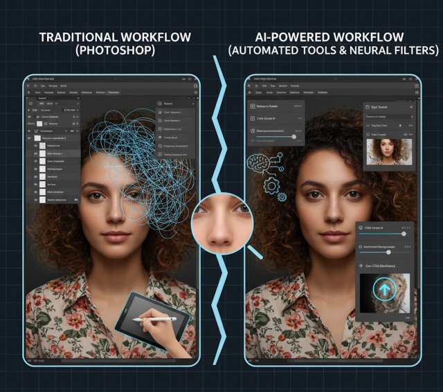 Split screen comparison showing traditional Photoshop editing workflow versus modern AI-powered editing with automated tools and neural filters