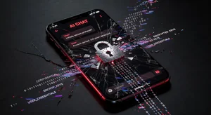 Cracked smartphone showing AI chat interface with broken digital lock and data leak visualization