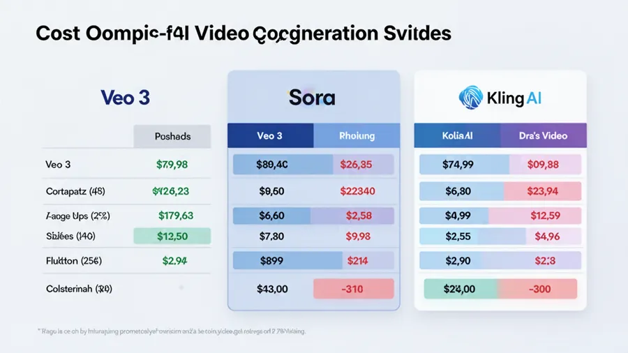 Cost comparison chart showing pricing breakdown for Veo 3, Sora, and Kling AI video generation services