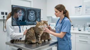Veterinarian reviewing an AI diagnostic scan on screen with a cat on the examination table in a modern vet clinic