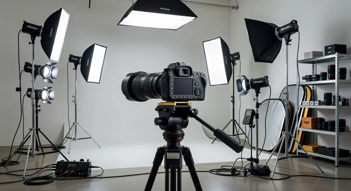 Professional photography studio with expensive lighting equipment and camera gear