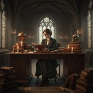 Student studying with vintage books in gothic setting