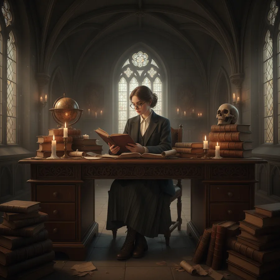 Student studying with vintage books in gothic setting