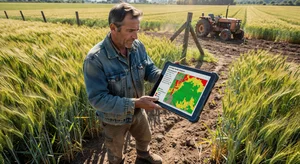 Farmer using tablet showing AI crop health analysis with color coded field map in a practical farming setting