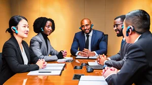 Business meeting between people speaking different languages with AI earbuds facilitating translation, professional conference room, warm lighting