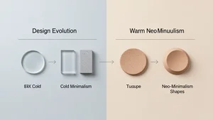 A thoughtful design composition showing the evolution from cold minimalism to warm neo-minimalism through subtle color, texture, and shape refinements