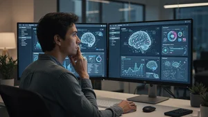 Person thoughtfully comparing two AI interfaces displayed on large screens in modern office