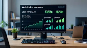 Website performance dashboard showing fast load times and SEO analytics charts