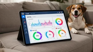 Pet health dashboard on a tablet showing activity, sleep, and heart rate data for a dog with colorful health metrics on a couch at home