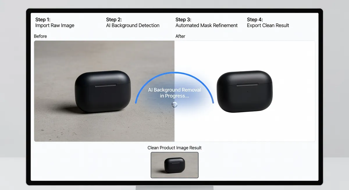 Step-by-step AI background removal process showing product image being processed with before and after result panels