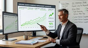 SEO specialist reviewing organic search rankings improvement dashboard, positive trend lines and green performance indicators, confident strategic workspace