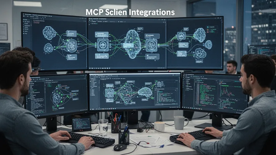 Software team implementing MCP integrations with monitors showing API connections