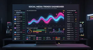 A social media strategist reviewing a multi-platform content calendar on a large monitor, with performance metrics for Instagram, TikTok and YouTube displayed side by side, showing the relationship between posting patterns and algorithmic reach fluctuations