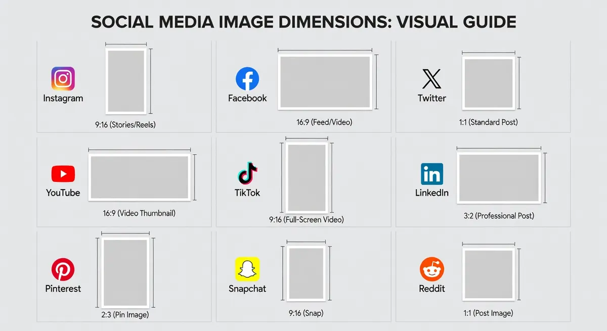 Visual guide showing social media platforms with their different image aspect ratio requirements displayed in a clean grid layout