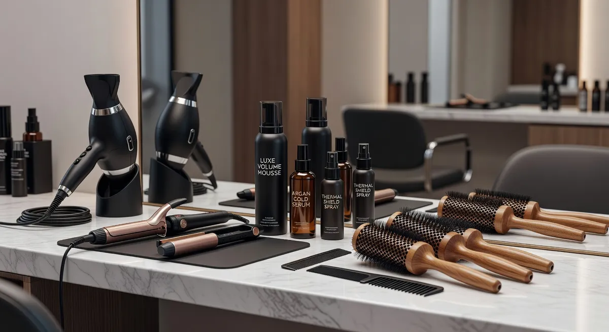 Professional hair styling tools and products arranged aesthetically