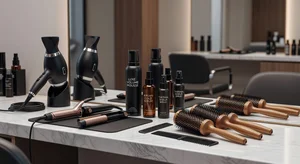 Professional hair styling tools and products arranged aesthetically