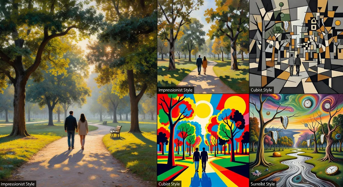 Split screen showing photo transformed into multiple artistic styles using AI