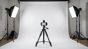 Simple home photography setup with white backdrop and basic smartphone on tripod