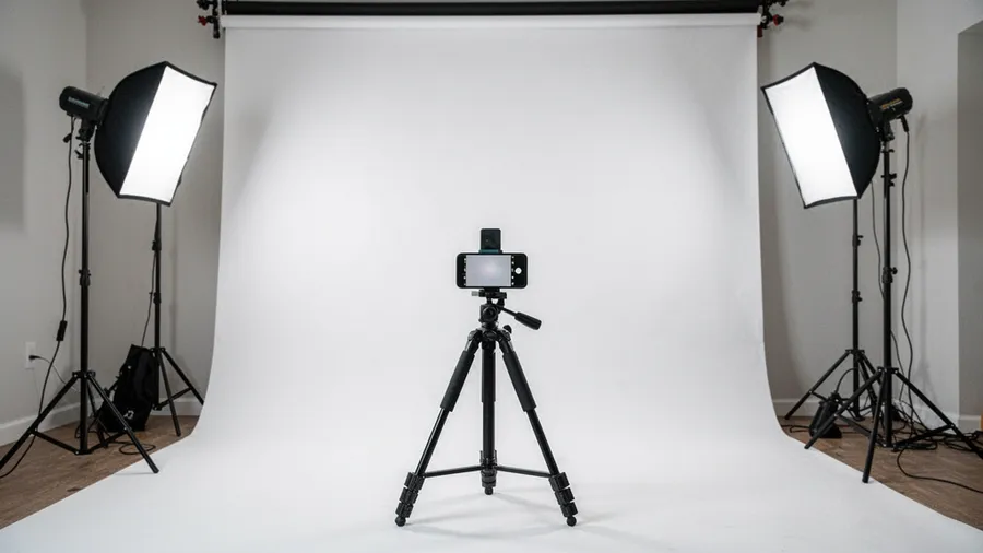Simple home photography setup with white backdrop and basic smartphone on tripod