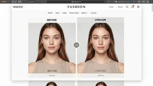 Fashion brand website showing before-after comparison with and without virtual try-on