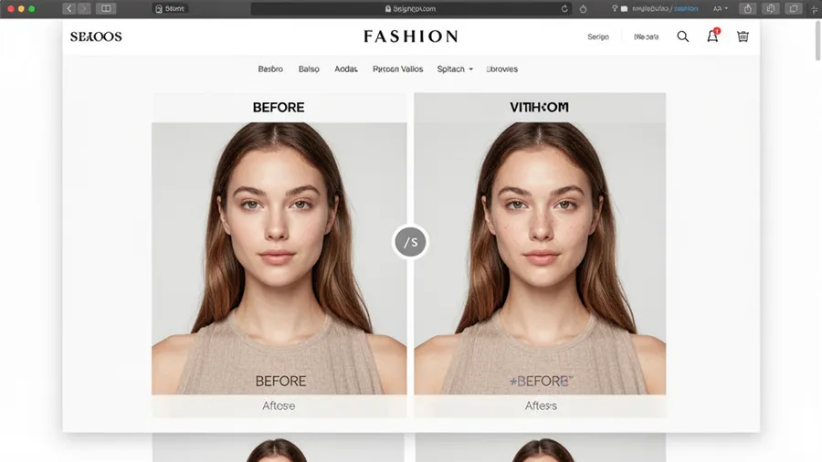 Fashion brand website showing before-after comparison with and without virtual try-on