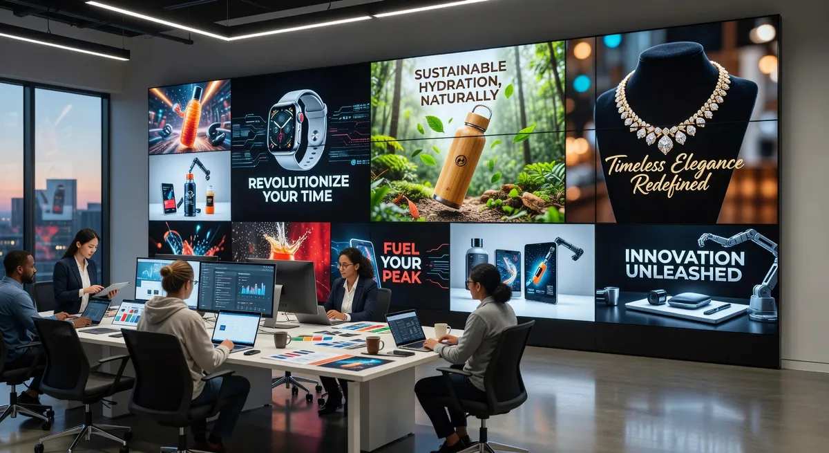 Multiple AI-generated marketing video ads displayed on screen showing different products and styles, professional marketing workspace