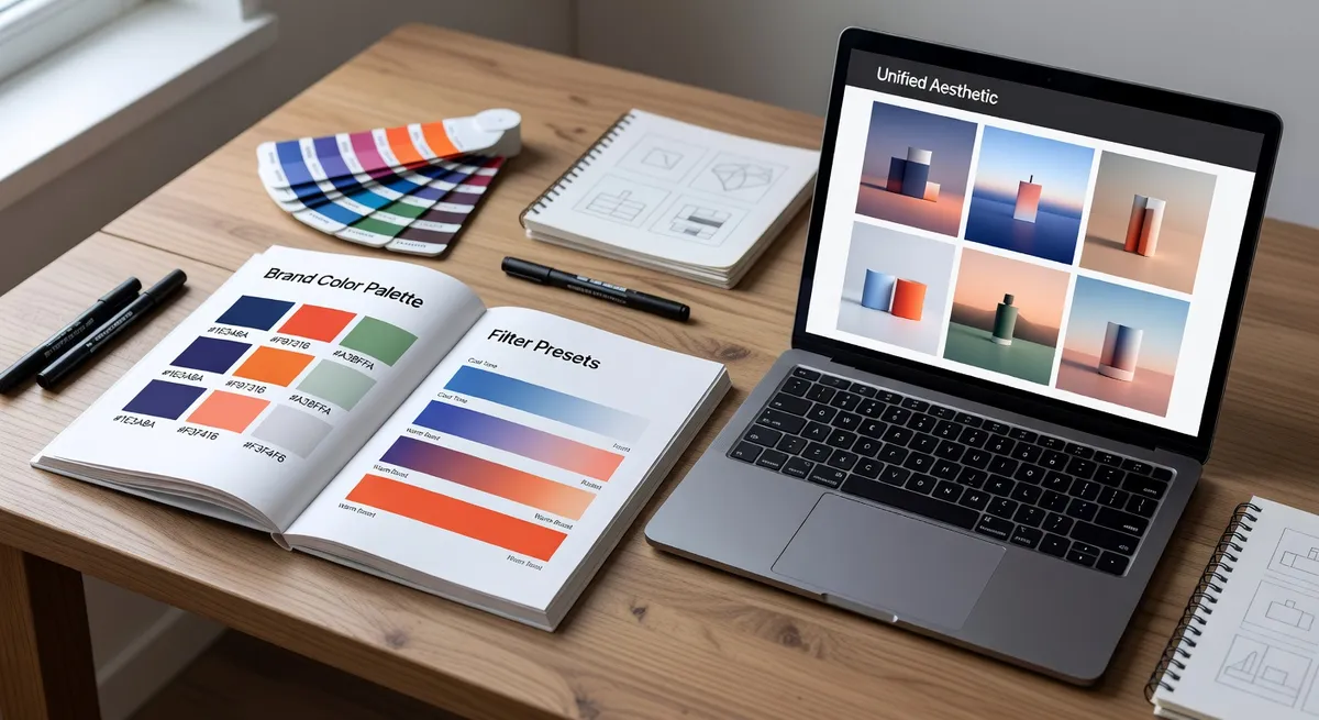 Brand color palette and filter presets displayed on design workspace with Instagram feed preview showing unified aesthetic