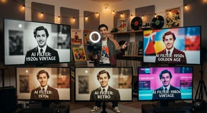 Social media content creator making decades challenge video with vintage era AI filters, modern studio with retro themed content on screens