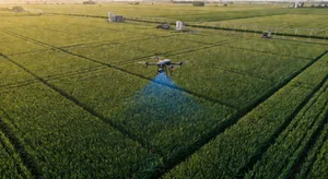 Aerial view of precision farming with AI drone scanning green crop fields at golden hour