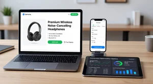 Modern e-commerce website on laptop and mobile screens showing optimized product pages and clean checkout flow with conversion analytics