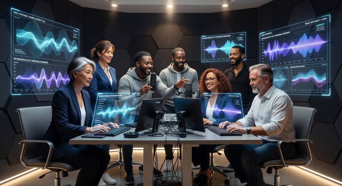A diverse group of voice actors in a recording booth with holographic AI interfaces showing voice pattern analysis and synthesis in progress