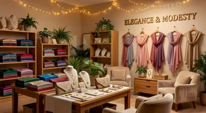 A woman examining how different hijab fabrics and colors coordinate with her professional and casual wardrobes