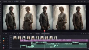 AI video generation interface with timeline and multiple clips