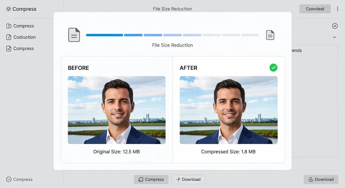 Image compression interface showing significant file size reduction with quality preserved, visual comparison panels, clean minimal design