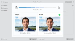 Image compression interface showing significant file size reduction with quality preserved, visual comparison panels, clean minimal design