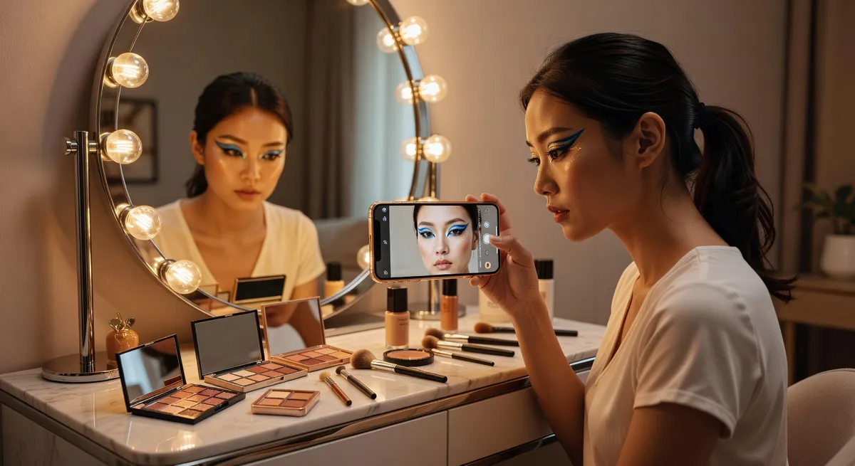 A split screen showing before and after of virtual makeup application, demonstrating accurate color matching and realistic blending