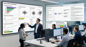 AI bias testing workflow showing fairness metrics dashboard, diverse dataset analysis, algorithm auditing for EU AI Act compliance