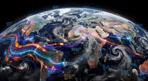 Dramatic satellite view of Earth with AI weather prediction overlays showing storm paths and temperature gradients