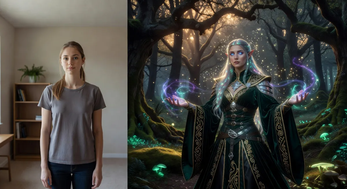 Before and after AI fantasy filter showing regular photo transforming into fantasy character with costume elements and effects