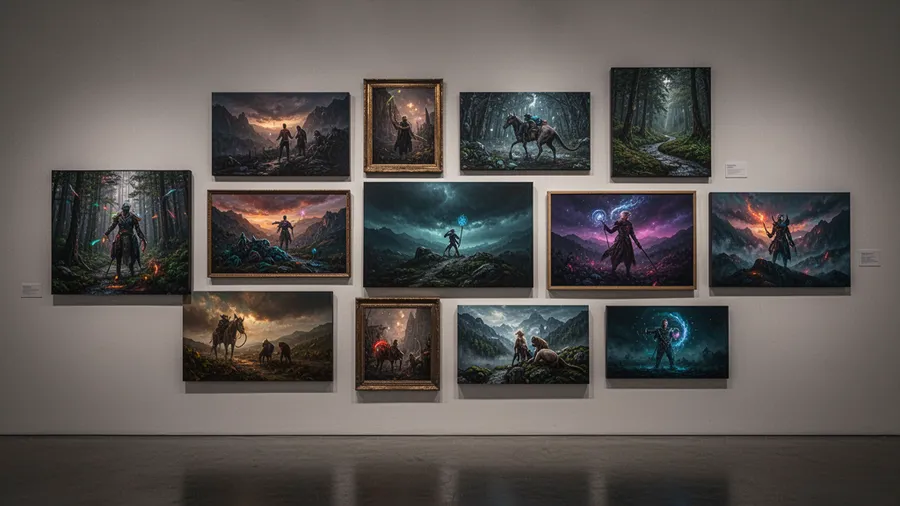 Gallery wall of professional AI images demonstrating lighting and composition mastery