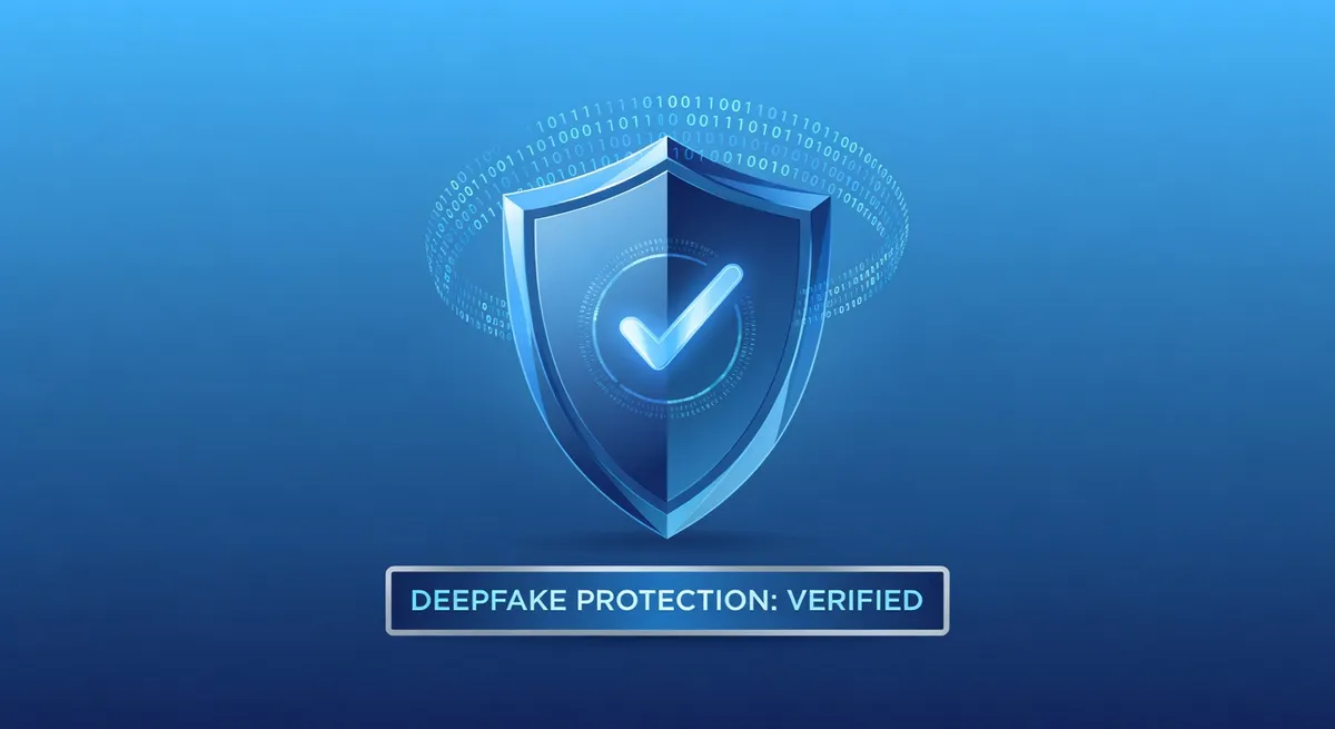 Digital shield and verification protecting against deepfakes, blue security gradient